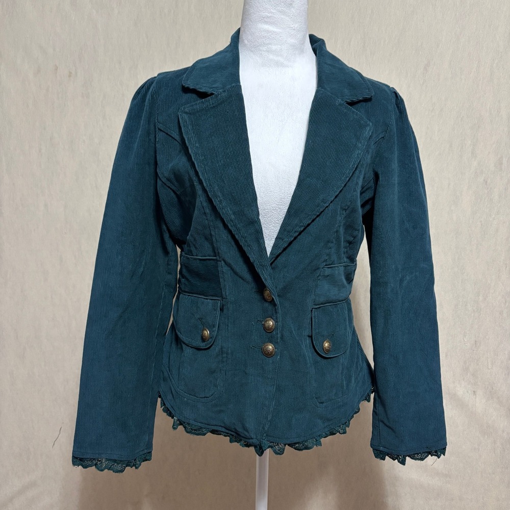 Pyramid Collection Corduroy Blazer Teal Lace Trim Edwardian Steampunk Goth New S